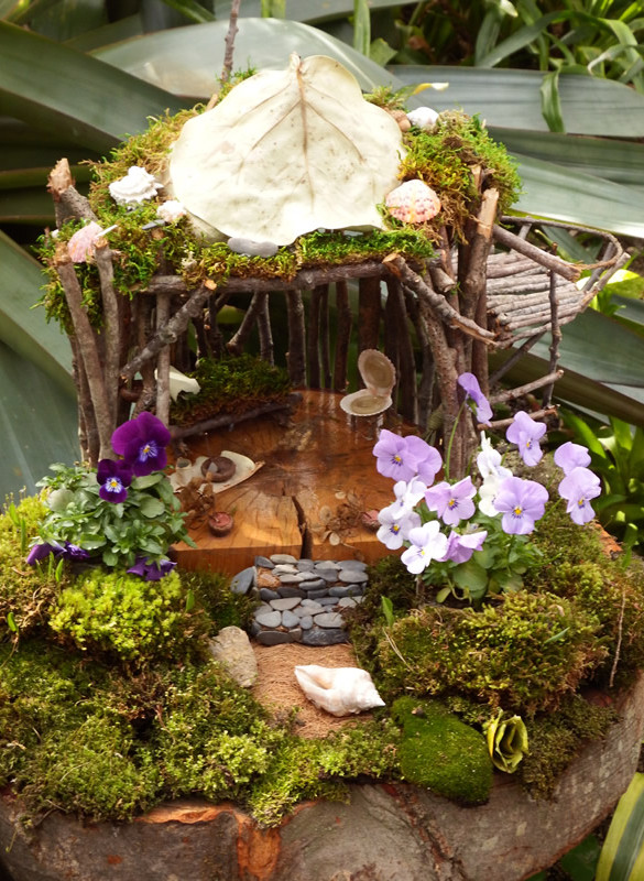 Fairy house with polished wood, stone stairs, moss and shell chairs