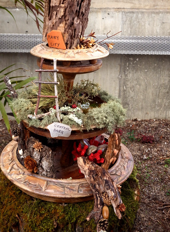 Fairy city with 3-tiered planter with twig ladder