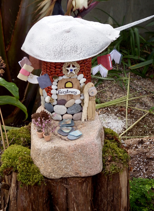 "Fairybrary" - library with miniature books, beans and horseshoe crab roof