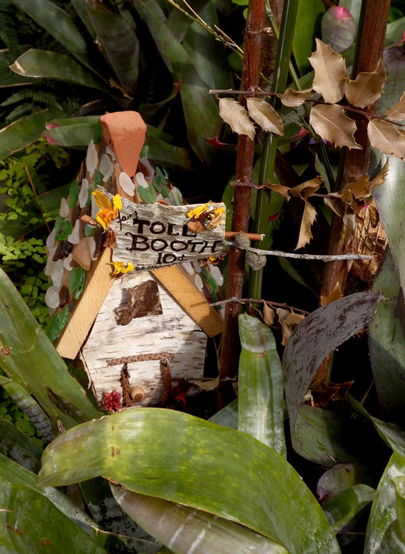 Fairy city toll booth, made of bark, shells, glass and brick