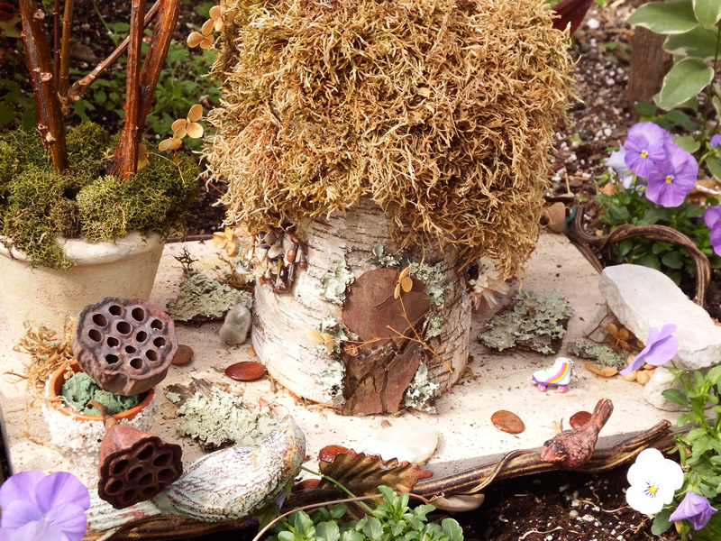 Fairy garden with birch bark, moss and seed pods